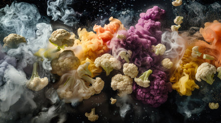 Pieces of cauliflower lie on a black table, shrouded in colored thick stylish mystical smoke. Colorful smoky background with a bunch of cauliflower. A surreal and fabulous atmosphere. A natural productの素材