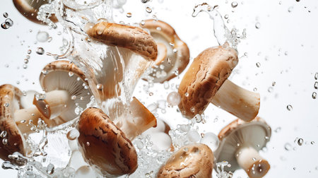 A bunch of champignons is washed in clean, clear water. The concept of healthy nutrition, freshness and vitality. A vegan diet. A natural product. Food background. The concept of motion and energyの素材