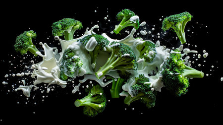 Juicy pieces of green broccoli in drops of mayonnaise or sour cream sauce float in the air on a black background. Delicious vegan salad. Healthy eating. A natural product. food backgroundの素材