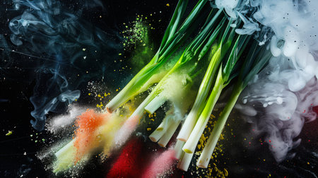 Bunches of green leeks fly into the air in a colored thick smoke. The image gives the impression of chaos and destruction, as the vegetables fly in different directions from the force of the explosionの素材