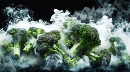 A bunch of broccoli is shrouded in white smoke. The smoke is thick and dense in consistency. The concept of healthy eating. A natural organic product. Food background. A vegan dish. A healthy vegetableの素材