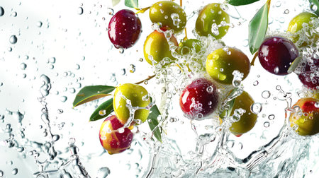 A bunch of olives in splashes and drops of clear water on a white background. A branch with colorful olives. A natural organic product. Healthy eating. food backgroundの素材