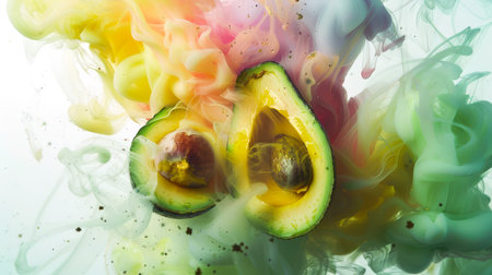 Close-up of two halves of juicy ripe avocado on a colorful smoky background. Thick mystical colored smoke envelops the avocado floating in the air. Healthy eating. A natural organic product. food backgroundの素材