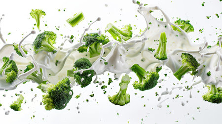 Broccoli dancing in sour cream sauce. Pieces of fresh green broccoli float in the air with splashes of mayonnaise. A vegan snack. A natural delicious organic product. Healthy eating.の素材