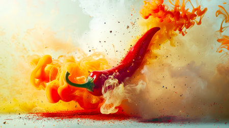 There is a red hot chili pepper in the air, surrounded by smoke and fire. The concept of chaos and destruction. Spicy aromatic seasoning. A natural organic product. food backgroundの素材