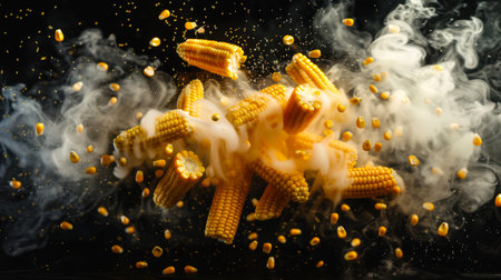 Corn cobs fly into the air in white smoke on a black background. A bunch of corn kernels are flying through the air in a cloud of smoke. A natural vegan product. A delicious snack. Healthy eating. food backgroundの素材