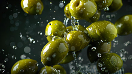 An armful of green olives in drops of water on a black background. The water splashes, and juicy olives float on the surface. The concept of healthy eating. A natural organic product. food backgroundの素材