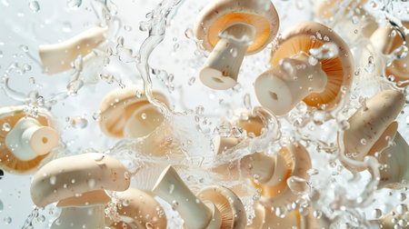 A bunch of champignons is washed in clean water. Mushrooms are thrown into boiling water. A natural organic product. An ingredient for a vegan dish. Food background.の素材