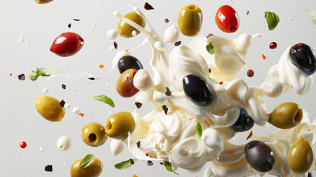 A set of juicy olives flies into the air with mayonnaise drops and splashes. Olives in sour cream sauce. A natural organic product. A delicious snack. Healthy eating. food backgroundの素材