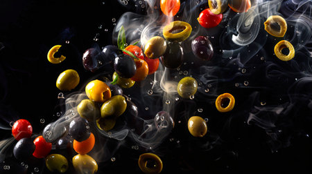 A set of colorful olives floats in drops of water and white smoke in the air on a black background. Italian delicious snack. A natural organic product. Food background. Healthy eatingの素材