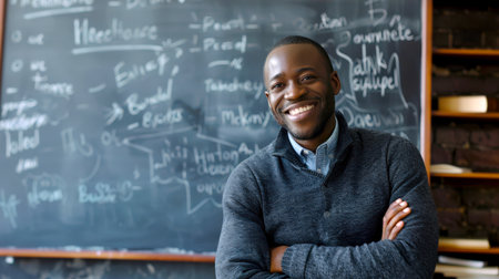 A happy confident positive black man is smiling in front of a blackboard. The best teacher in the world. Teacher's Day. Back to school.の素材