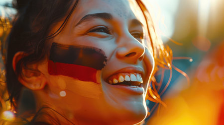 Close-up of a German sports cheerleader at the stadium. The German flag is painted on the smiling girl's face. A football fan. The concept of happinessの素材
