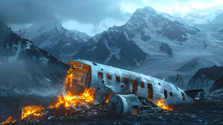 A crashed plane lies on the ground against the background of a deserted snow-covered landscape. The scene is gloomy and dreary, and the wreckage of the plane and the surrounding mountains create a sense of isolation and dangerの素材