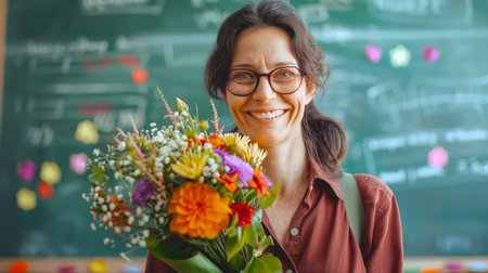 Teacher's Day. Portrait of a happy school teacher at the blackboard. A woman with glasses holds a bright bouquet of flowers in her hands and smiles. The concept of a holiday and celebrationの素材