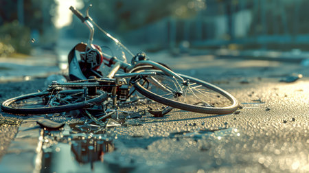 A traffic accident. A bicycle with a bent handlebar is lying on the ground. An accident on the road. The bike is broken. The scene is somewhat sad and melancholicの素材