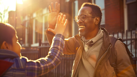 A black man and a white little boy high-five each other. Teacher's Day. A happy teacher greets his student at the entrance to the school. Back to school.の素材