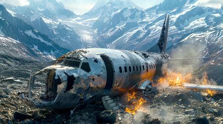 The plane crashed in the mountains. There is a crashed plane in the mountains. The plane crash. The aircraft is in an emergency condition, its wings and fuselage are destroyed. There is chaos and danger at the sceneの素材