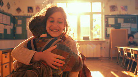 A teacher hugs her favorite student in class. Teacher's Day. The best teacher in the world. The scene is bright and cheerful, the sun is shining through the window. A woman's smile creates a warm atmosphere.の素材