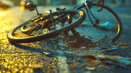 A broken, mangled bike is lying on the ground. Hitting a cyclist. A traffic accident. An accident on the road. The bike is damaged.の素材