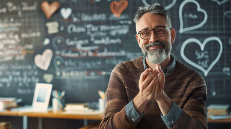 Teacher's Day. A man with glasses smiles and folds his hands in front of a blackboard with hearts painted on it. A schoolteacher. Back to school.の素材