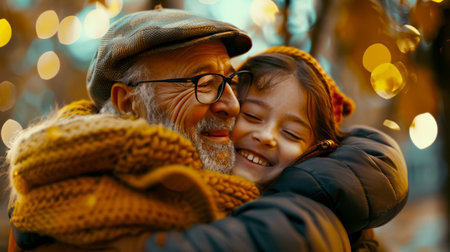 A big hug. An old man and a young girl hug each other. Grandfather and granddaughter miss each other. The concept of love and care. Family Day.の素材