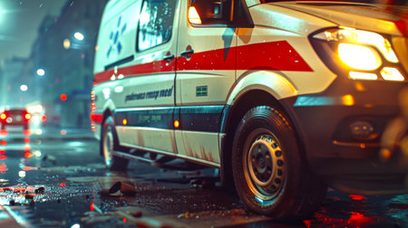 Close-up of an ambulance with red and white stripes on the sides. An ambulance is parked on a wet night street. Doctors are rushing to help.の素材
