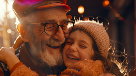 An elderly man hugs his little granddaughter. The man is wearing a hat and glasses. The scene is warm and touching. Family values. The concept of love and careの素材