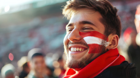 A happy male Austrian fan with a red scarf smiles at the stadium during a football match. The Austrian flag is painted on his face. He is surrounded by a crowd of peopleの素材