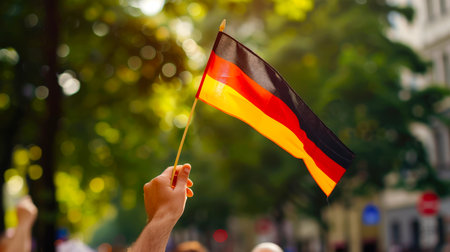 Close-up of the German flag in the hand of a man on the background of a green park. A small black-red-yellow German flag on a flagpole flutters in the wind. The concept of patriotism and pride. Immigration.の素材