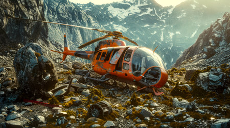 The plane crash. The helicopter is lying on the ground in a rocky area. The helicopter is orange in color, and it is in an emergency condition. The scene is deserted, with no signs of life or activityの素材