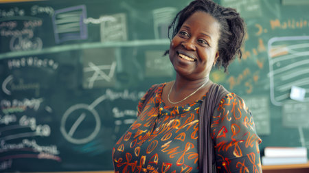 A black woman is smiling in front of a scribbled green chalkboard. The holiday is Teacher's Day. The best teacher in the world. Back to school.の素材