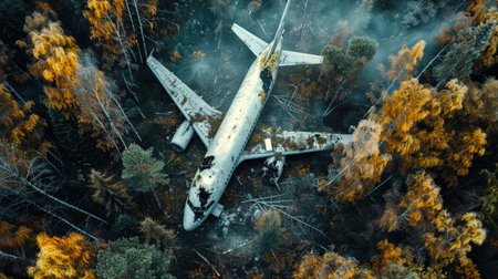 A large passenger plane crashed in the forest. Emergency landing. top view of the plane lying on the ground in the forest. The plane is old and damaged. The forest is covered with autumn leaves, which gives the scene a gloomy and eerie moodの素材