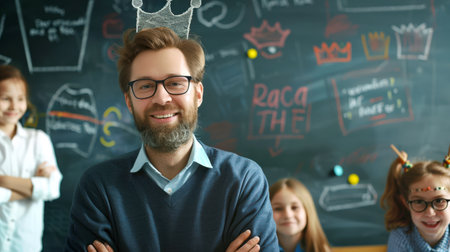 A schoolteacher. Portrait of a man with glasses at the blackboard with a chalked crown on his head. Teacher's Day. There are children standing behind him. The scene turned out to be carefree and playfulの素材