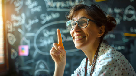 A teacher on the background of a blackboard. A woman with glasses raises her index finger up with a smile as a sign of attention. Teacher's Day. Back to schoolの素材
