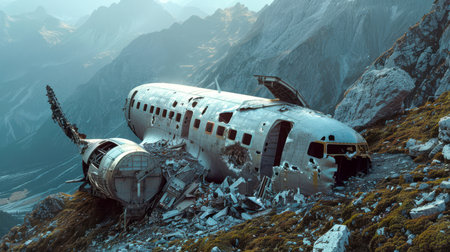 The plane crash. The plane crashed in the mountains. There is a crashed plane on the mountainside. The plane has been destroyed and is in an emergency condition. The sight is desolate and eerie.の素材
