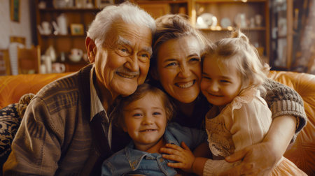 The grandchildren came to visit their grandparents. A family of four, including an elderly man and woman and two young children, are cuddling on the couch. The scene is warm and full of love, family members enjoying each other's companyの素材