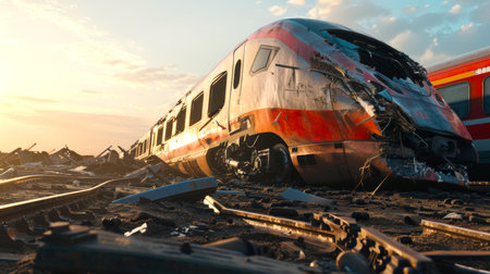Two trains collided on the railway tracks. An accident on the railway. The situation is chaotic and alarming, with debris scattered everywhere. Disasterの素材