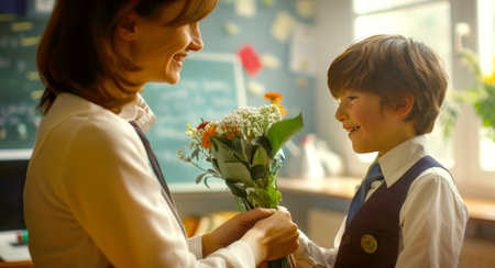 Teacher's Day. A little schoolboy gives flowers to his teacher. A woman accepts a bouquet of flowers from her student. The child smiles, and the woman smiles back. The concept of warmth and happinessの素材