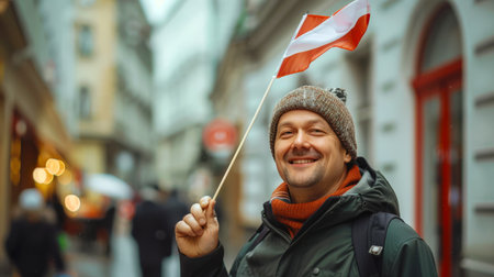 A happy tourist walks around the city with the Austrian flag. A man holds the red-white-red flag of Austria in his hands and smiles. Travel and tourism. Immigration. Independence Day. Sports fanの素材