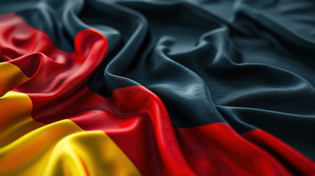 Close-up of the German flag. The black-red-yellow stripes of the German flag. The canvas of the German flag lies on the table. The symbol of the country.の素材