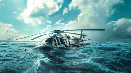 The helicopter crashed into the sea. The plane crash. The scene is dark and gloomy, and the water and sky create a sense of danger and insecurityの素材