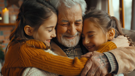Grandpa hugs his little granddaughters. An elderly man and two young girls hug each other. The concept of happiness, love and care. Family valuesの素材