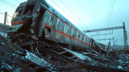 A passenger train derailed. An accident on the railway tracks. An accident on the road. There is chaos and danger at the scene.の素材