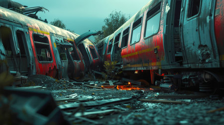Two trains derailed on the railway. The collision of two passenger trains. An accident on the railway. Accident. The train is in an emergency conditionの素材