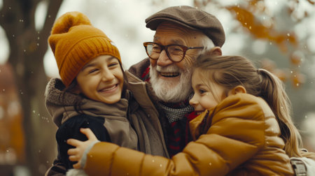 Two cheerful girls hug their happy grandfather. An elderly man hugs his two lovely granddaughters. A man in a hat and glasses, and children in jackets. The scene is warm and touchingの素材