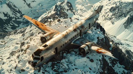 An emergency landing of an airplane in the mountains. The plane is lying on the ground in the snow. A plane crash in the mountains. The plane crash. The plane is old and rustyの素材