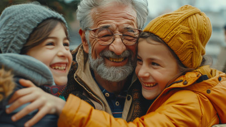 The warmth of family relations, An elderly gray-haired man and two children hug each other. Little sisters hugging my beloved grandfather. The scene is joyful and warmの素材