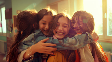The concept of friendship. A group of four girls hug each other in class. They are laughing and having fun. The scene is fun and friendlyの素材