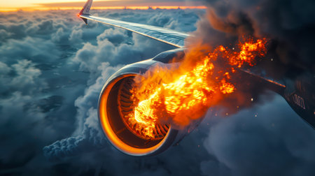 The plane's engine caught fire in the air. Close-up of an airplane turbine on fire. The plane crash. The plane crash. Accident. Terrorismの素材