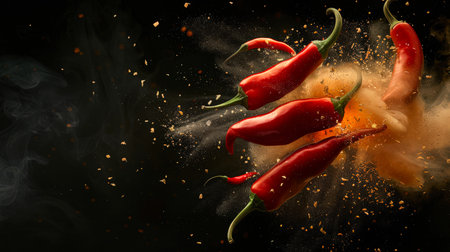 Red hot chili peppers fly into the air in clouds of dust on a black background. An explosion of spicy seasoning. A natural organic product. Food background.の素材